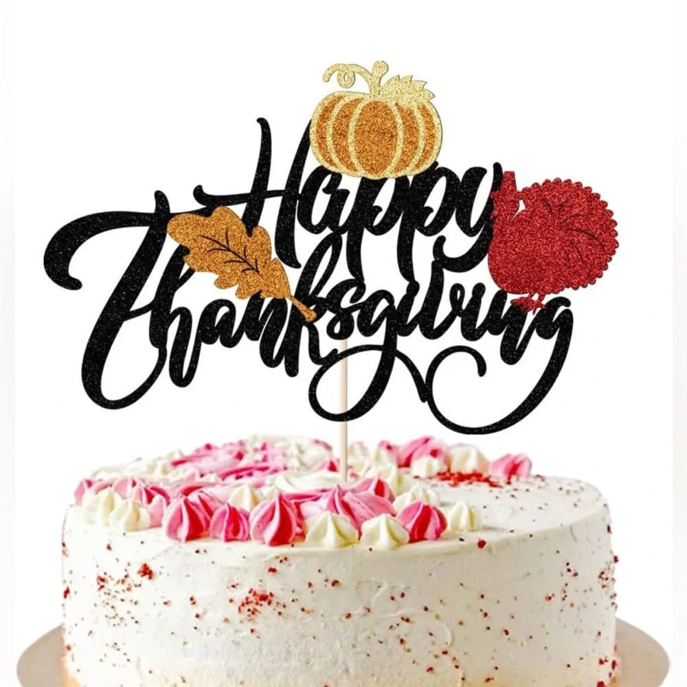 5for$10 Happy Thanksgiving Cake And Pie Topper Maple Leave Pumpkin Glitter Top